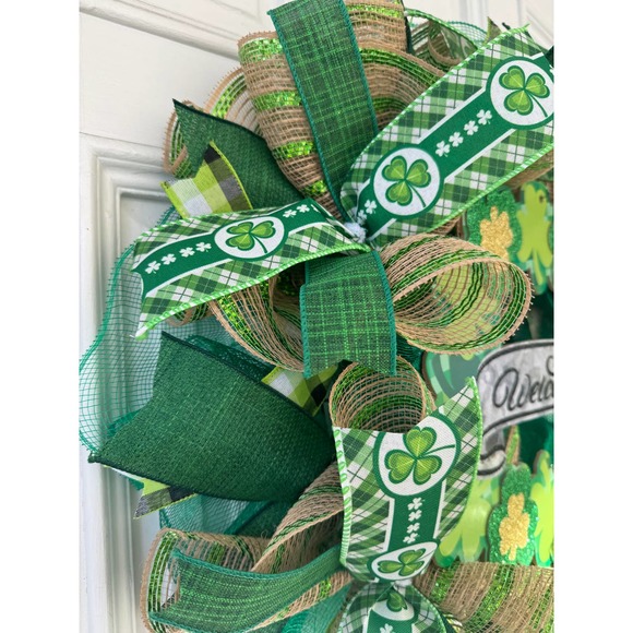 Welcome Shamrock Clover Saint Patrick’s Day Mesh Ribbon Wreath Door Hanger - Picture 4 of 9